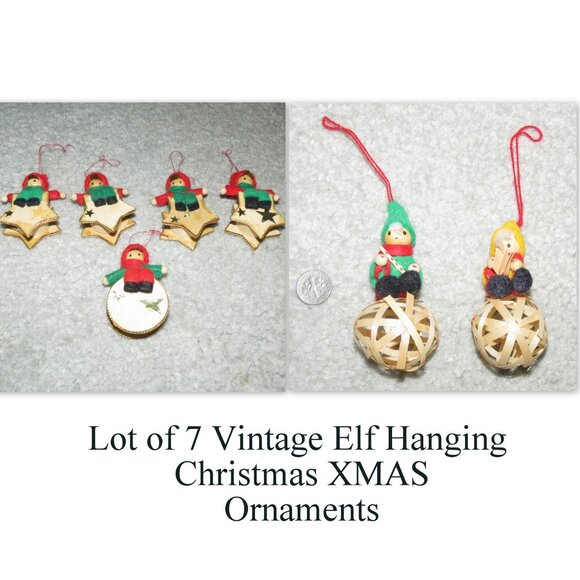 Lot of 7 Vintage Elf Hanging Mini Christmas XMAS Ornaments - Picture 1 of 13